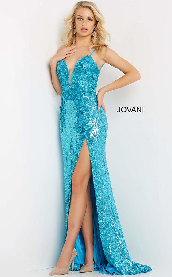 Jovani 1012 Sequin Fitted Formal Prom Dress Slit Pageant Backless Floral Bodice