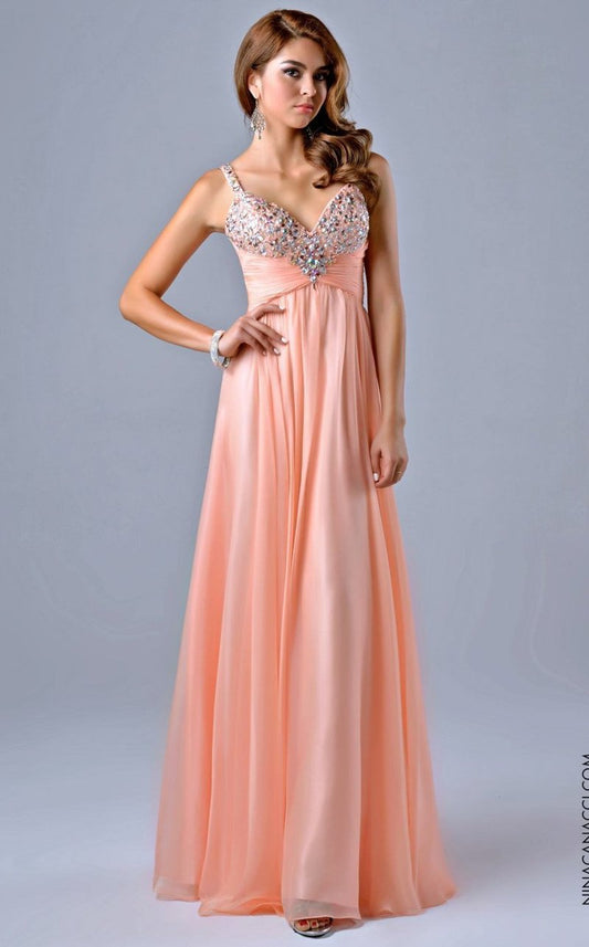 Nina Canacci 1040 Size 6 Coral Long A Line Prom Dress Embellished Babydoll Gown