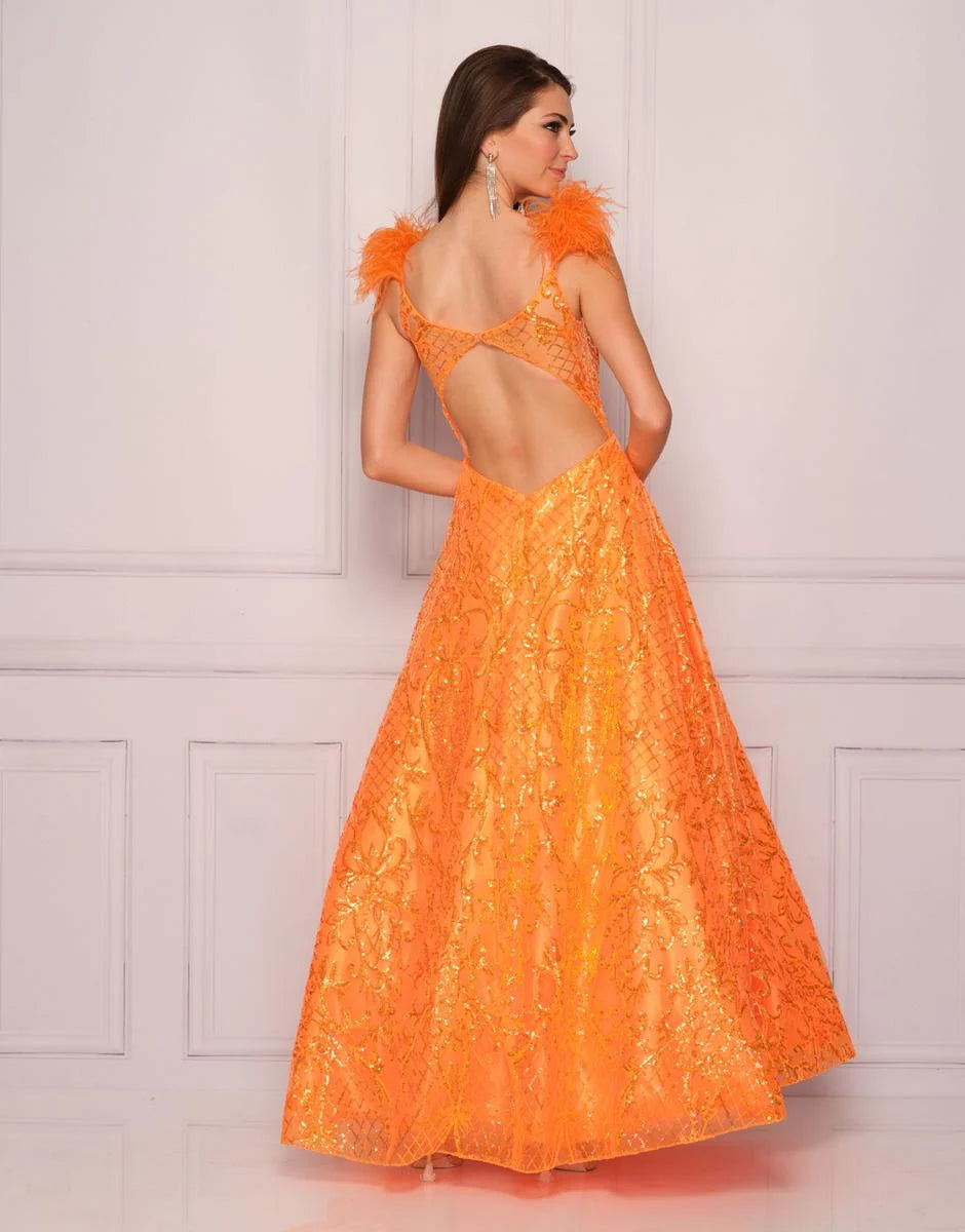 Dave & Johnny 11105 Long A Line Sequin Feather Ballgown Prom Dress Formal Cutout Back Sequin Feather Prom Dress A Line Sheer Backless Formal Gown Make a bold, statement in this stunning neon orange ball gown! Not for the faint of heart, this gown is sure to draw attention at any formal event. The faux feather straps scream glamour while providing ample support, while the shimmery sequin scroll and lattice design will glisten underneath any lights. 