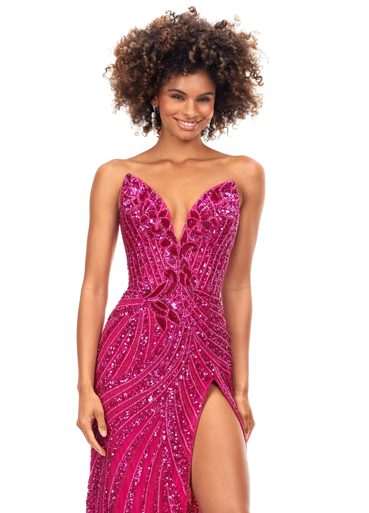 Ashley Lauren 11236 Long Fitted V Neck Slit Beaded Sequin Prom Dress Pageant Gown This strapless gown is sure to turn heads. The sweetheart neckline is complete with a modern floral sequin motif that continues down the bustier and skirt. The skirt is complete with a left leg slit. Strapless Bustier Left Leg Slit Fully Hand Beaded COLORS: Gold, Rose Gold, Gold/Black, Sky/Nude, Gold/Ivory, Fuchsia/Black, Purple, Red, Fuchsia, Bright Pink, Blue/Jade Sizes: 0-16