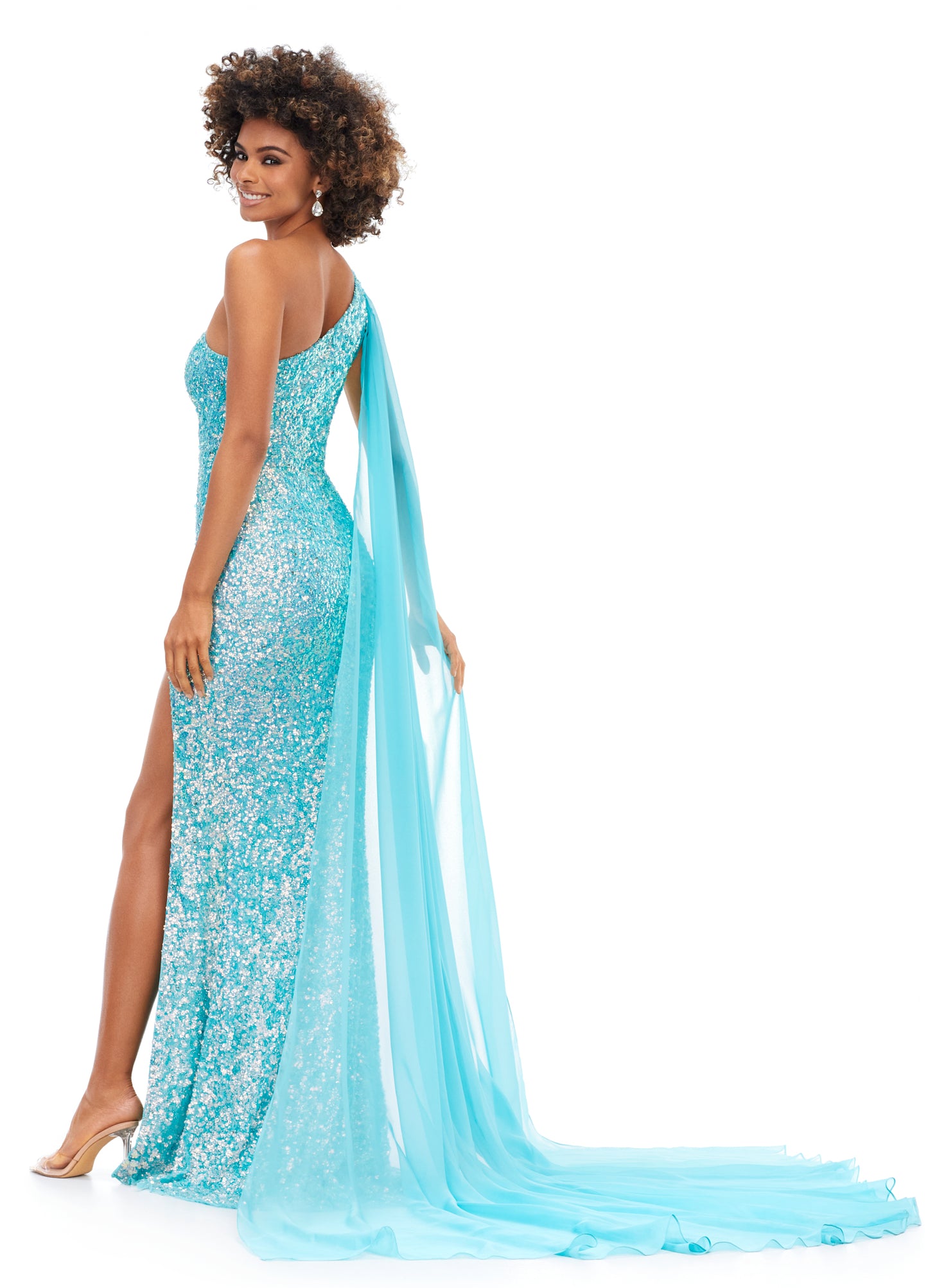 Ashley Lauren 11371 One Shoulder Prom Dress fully sequence with shoulder cape and slit.  Colors : Candy Pink, AB Turquoise, Coral, Emerald, Royal, Sky  Sizes: 0-24  One Shoulder Shoulder cape Slit Fully sequenced 