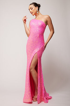 Vienna Prom Dress 8857 Fuchsia One Shoulder Evening Gown with Fringe Slit that Runs up the Side of the Dress to the Hip and Spaghetti Straps Down the Back Vienna Prom Dress 8857 Size 10 Fuchsia Sequin One Shoulder Prom Dress Fringe Slit Gown  Size: 10  Color: Fuchsia