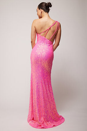 Vienna Prom Dress 8857 Fuchsia One Shoulder Evening Gown with Fringe Slit that Runs up the Side of the Dress to the Hip and Spaghetti Straps Down the Back Vienna Prom Dress 8857 Size 10 Fuchsia Sequin One Shoulder Prom Dress Fringe Slit Gown  Size: 10  Color: Fuchsia