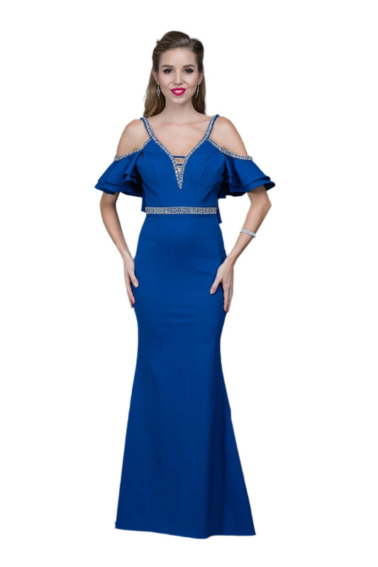 Nina Canacci 1375 cold shoulder long dress with crystal accents off the shoulder evening gown motherv of  Royal size 2 in stock