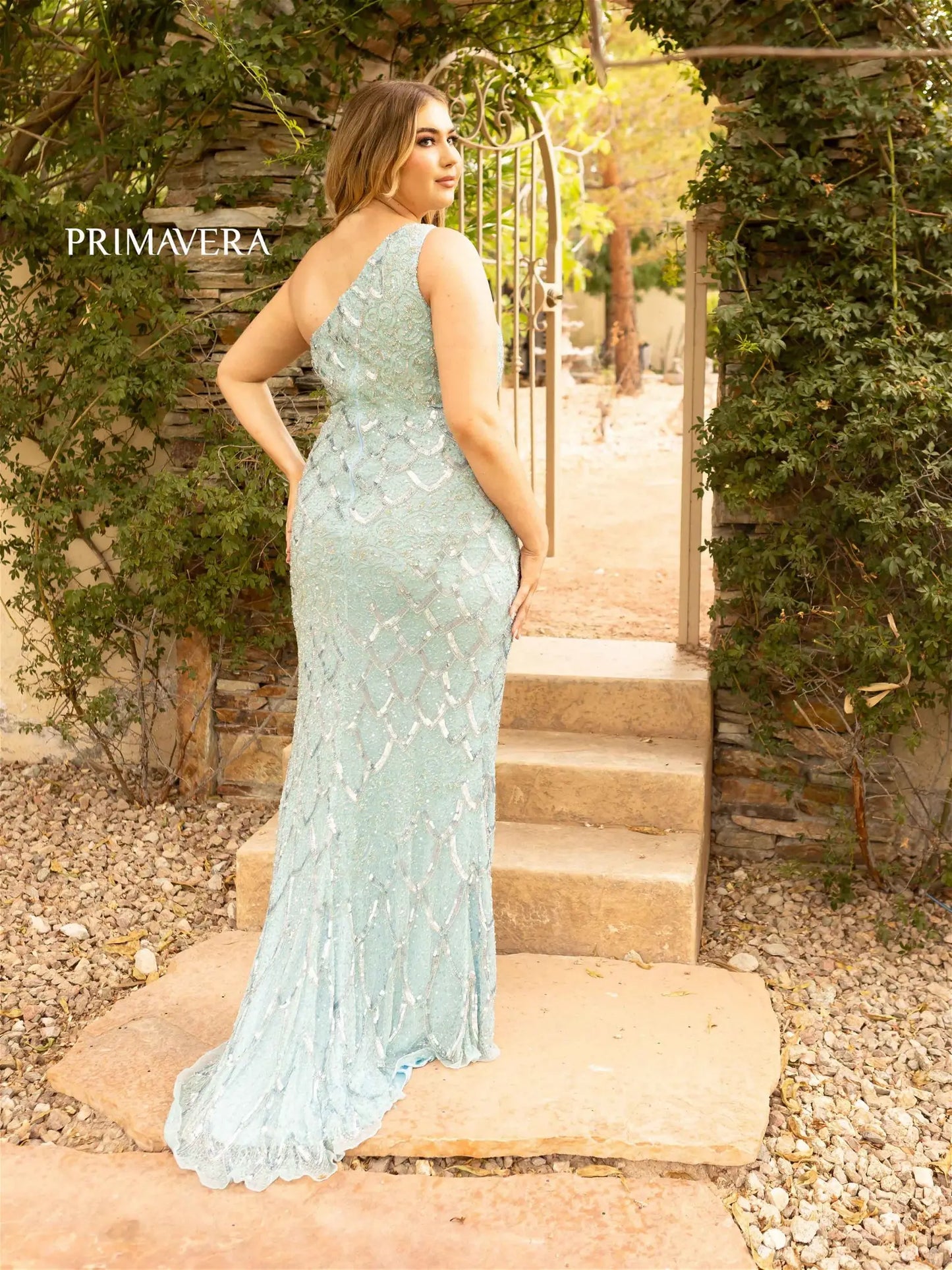 Primavera Couture 14002 Long Beaded Sequin Plus Size One Shoulder Prom Dress Formal Gown Curvy  Sizes: 14-24  Colors: LIGHT TURQUOISE, NEON PINK, ROYAL BLUE, BLACK, RED