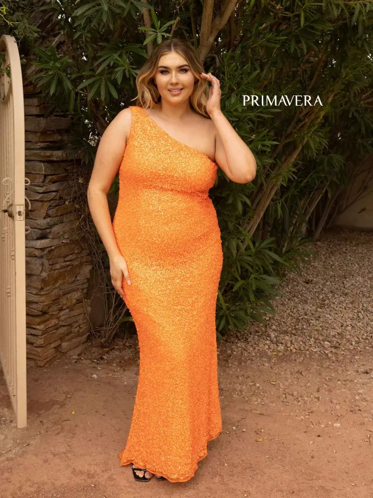 Primavera Couture 14004 Long Fitted One Shoulder Sequin Plus Size Prom Dress Formal Gown  Sizes: 000,00,0,2,4,6,8,10,12,14,16,18,20,22,24  Colors: NEON SAGE, BRIGHT BLUE, NEON PINK, RED, GOLD, BABY PINK, ORANGE