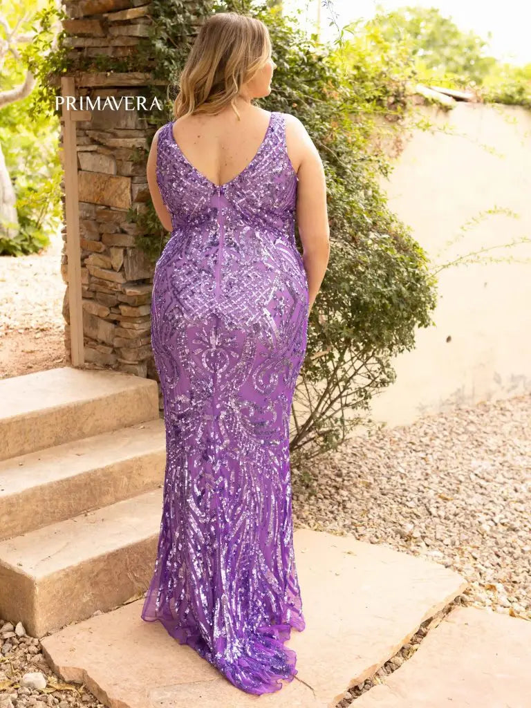 Primavera Couture 14008 Long Fitted Plus Size Sequin Prom Dress V Neck Formal Gown  Sizes: 14-24  Colors: Lilac, Emerald, Coral