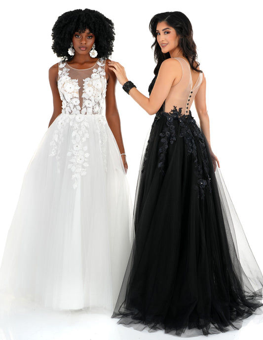 This exquisite wedding dress is crafted with sheer black and floral 3D lace detail. The Sheer high neck and  back button illusion closure creates a sophisticated silhouette, perfect for a special occasion. The Cecilia Couture 1522 ballgown is a timeless, stylish choice. A ine with a tulle skirt & Sheer Rhinestone Embellished dimensional Lace.  Sizes: 4-18  Colors: Black, White