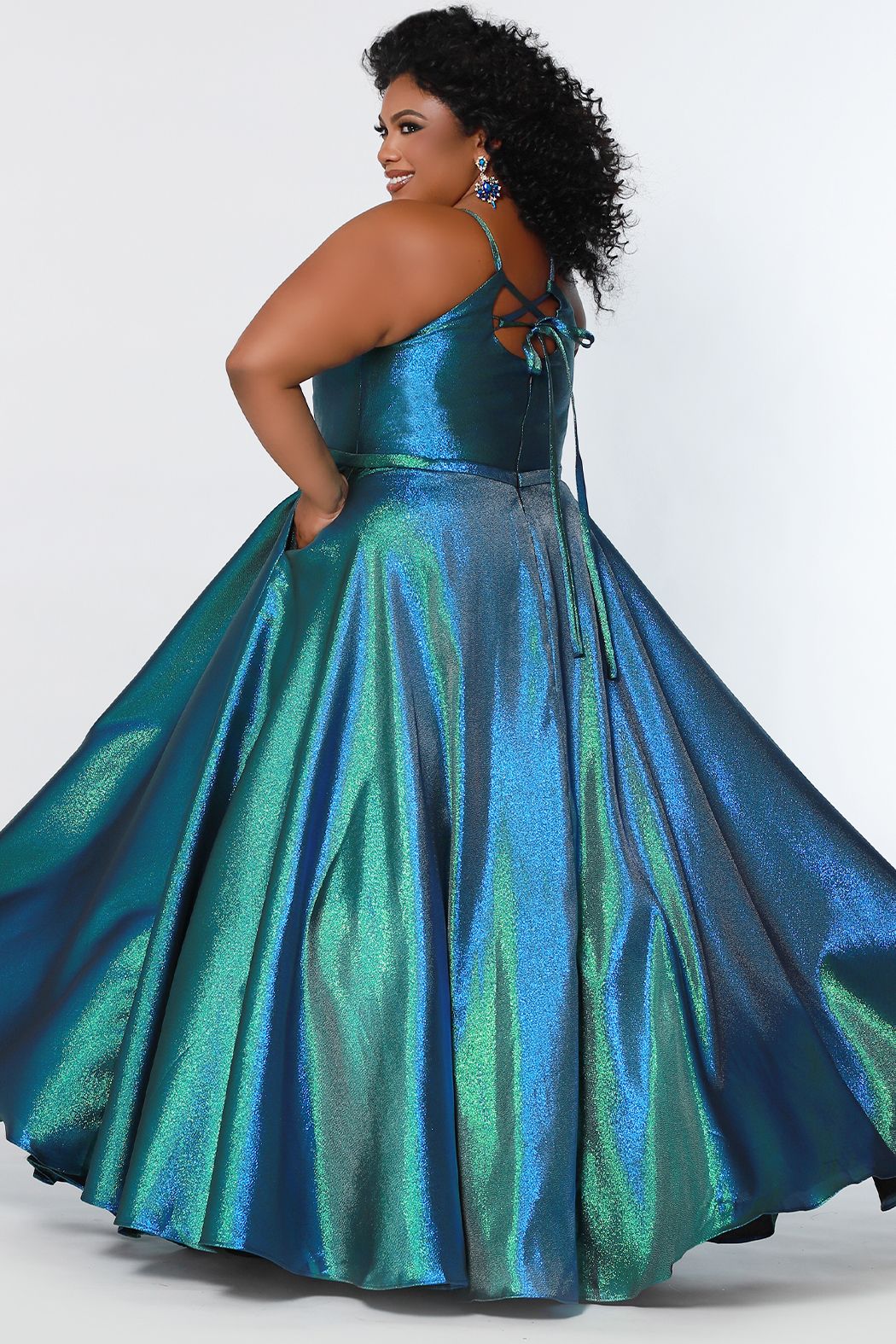 Sydney's Closet SC7334 Size 14 Shimmer Prom Dress High Neckline Plus Sized A Line SC 7334