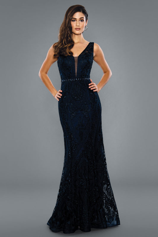 Stella Couture 20032 Long Fitted Shimmer Lace formal prom pageant dress evening gown  Available Sizes: 6-20  Available Colors: Charcoal, Dusty Pink, Navy, Wine