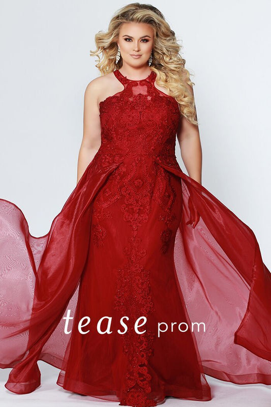 Tease Prom TE 1904 Size 22 Garnet Plus Sized Prom Dress Lace Mermaid Overskirt