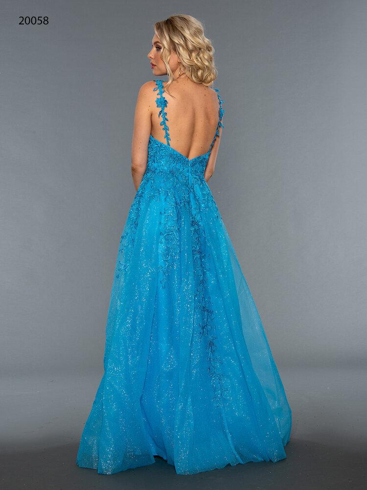 Stella Couture 20058 Long Lace fitted bodice with v neck and lace embellished straps. Shimmer A line skirt with a slit. Great formal Prom Dress, Pageant Gown or casual Bridal - wedding dress.   Available Sizes: 6  Available Colors: Blue