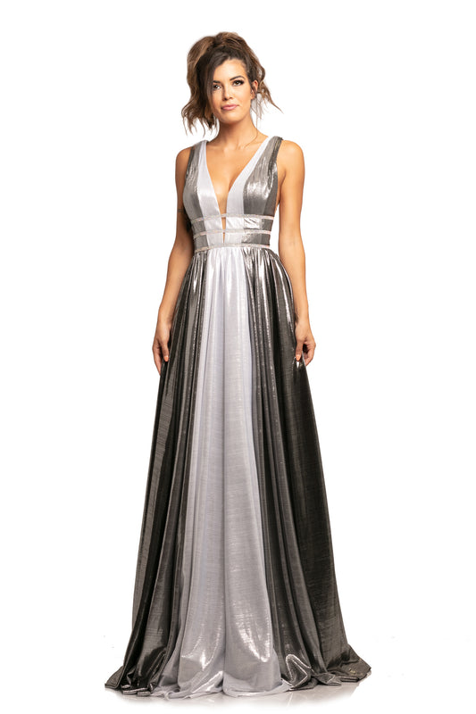 Johnathan Kayne 2008 is a Metallic Multi Color Prom Dress, Pageant Gown & Formal Evening Wear! This gown Features a Metallic Shimmer Multi Color Material. Deep V Plunging Neckline with a triple Crystal Embellished Waist Band. Sheer mesh Cutout side panels. Open V Back. The Pleated Skirt Features Yards of extra material for a lush look with the dimensional colors.