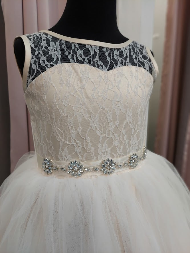 Rosebuds 5129 Size 6 Champagne Long Tulle Flower Girl Ballgown Dress Lace Bodice Belt