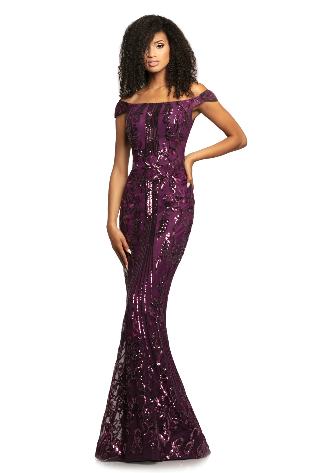 Johnathan Kayne 2064 is a Plum Sequin Prom Dress, Pageant Gown & Formal Evening Wear. This long fitted gown features sequin embellishments, Off the Shoulder Straps. sheer mesh embellished back.  