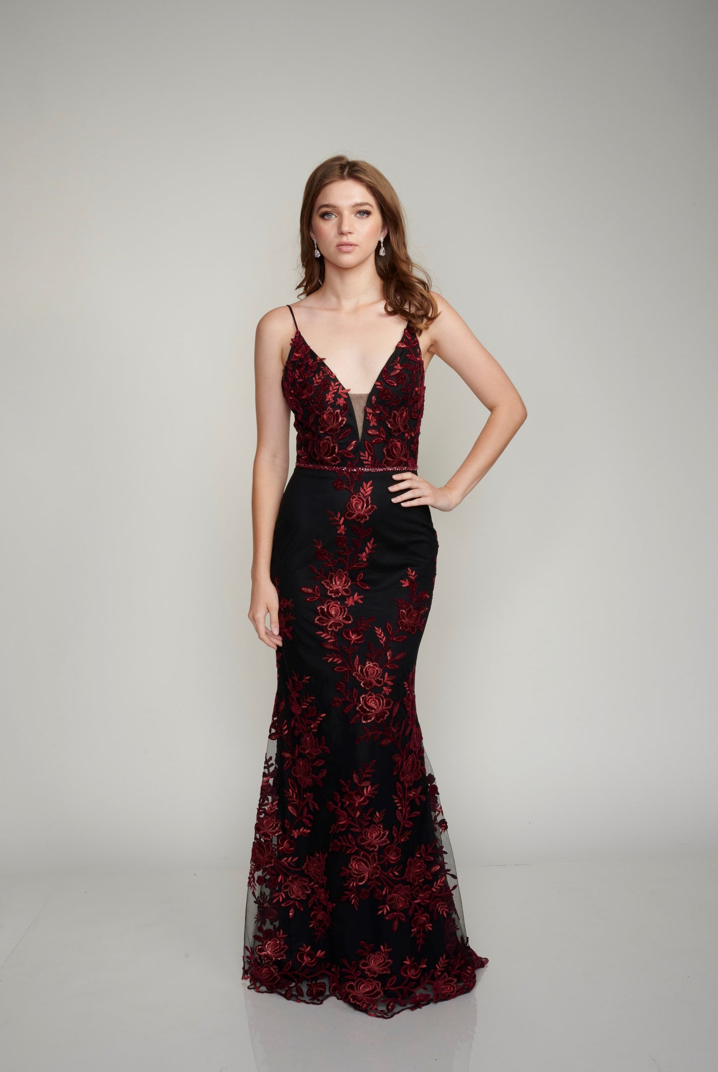 Nina Canacci 2240 Size 6 Black Burgundy Prom Dress Evening Gown Floral Lace