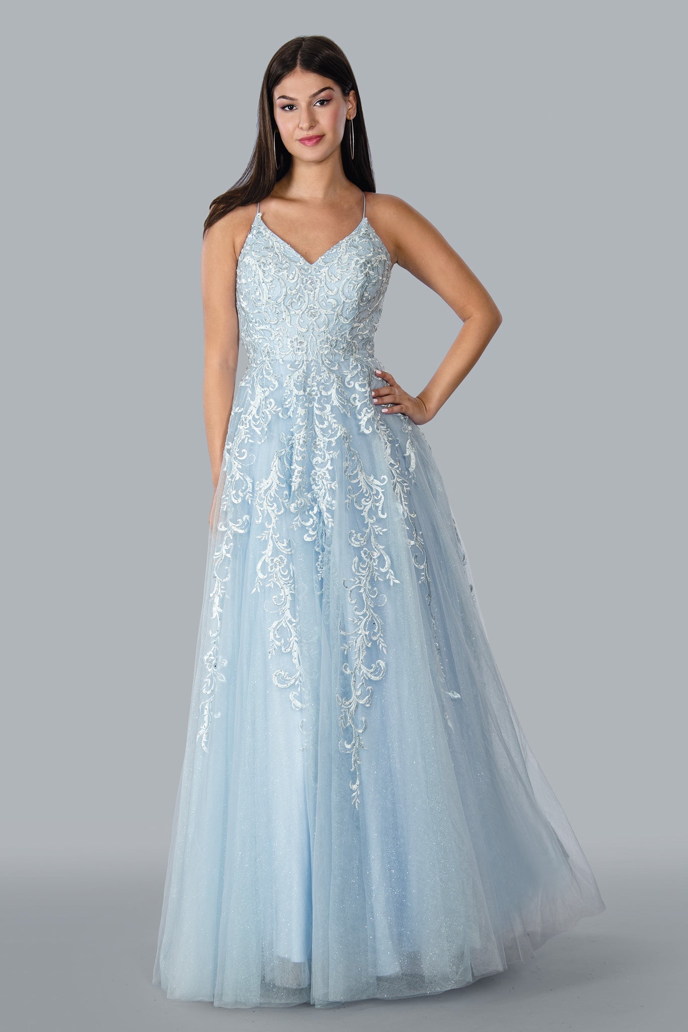 Stella Couture 23178 Long Lace A Line Backless Shimmer Ball Gown Prom Dress Corset V Neck   Sizes: 0-16  Colors: Red, Blue