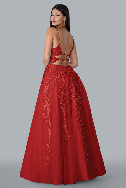 Stella Couture 23178 Long Lace A Line Backless Shimmer Ball Gown Prom Dress Corset V Neck   Sizes: 0-16  Colors: Red, Blue