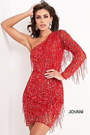 Jovani 2645 short one shoulder cocktail dress fringe embellished fitted long sleeve