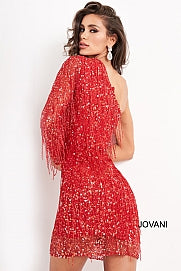 Jovani 2645 short one shoulder cocktail dress fringe embellished fitted long sleeve