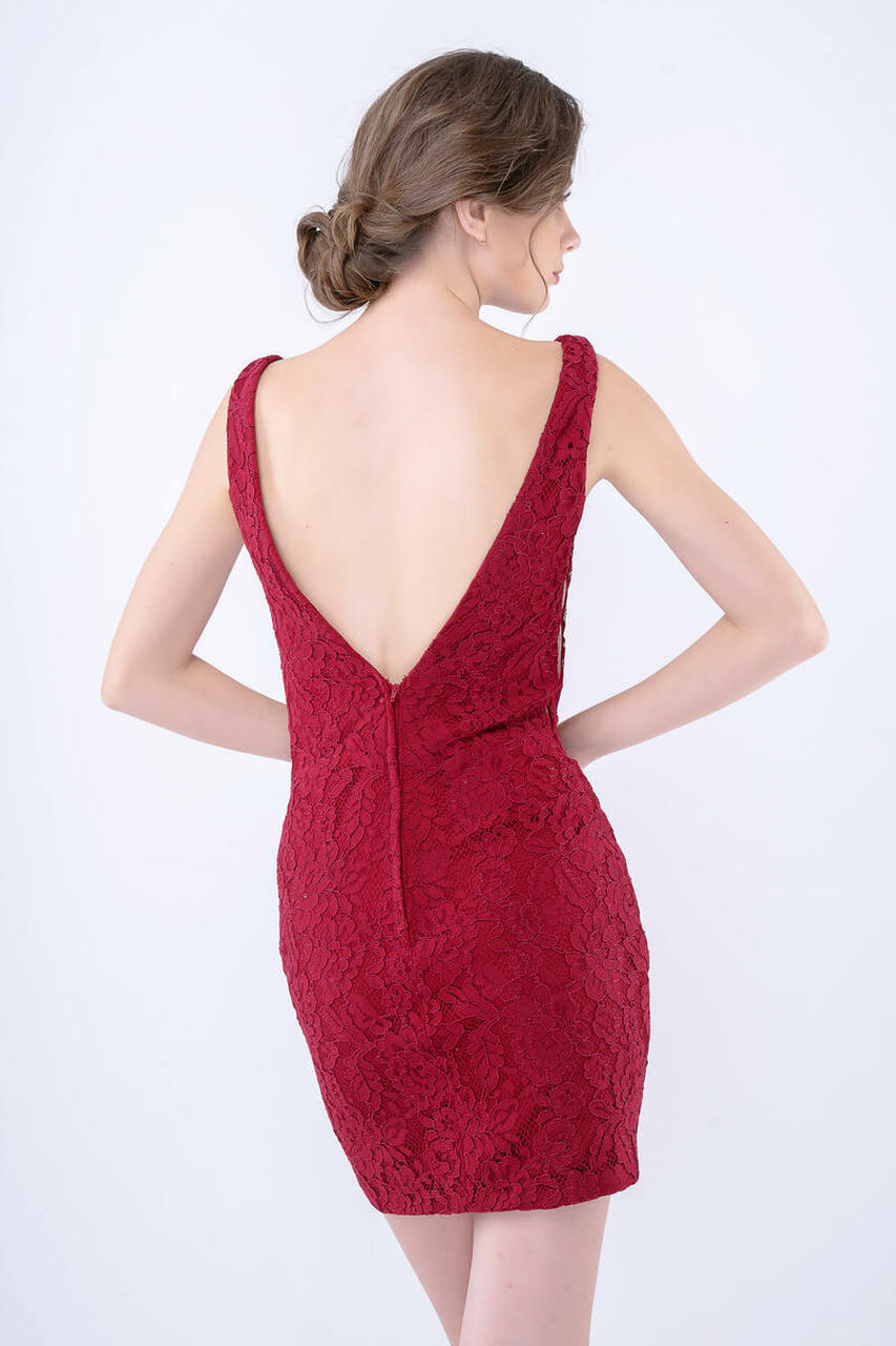 Nina Canacci 266 Size 2, 4, 6 Burgundy, Navy Short Fitted V Neck Formal Lace Cocktail Dress V Neck Sheer Side