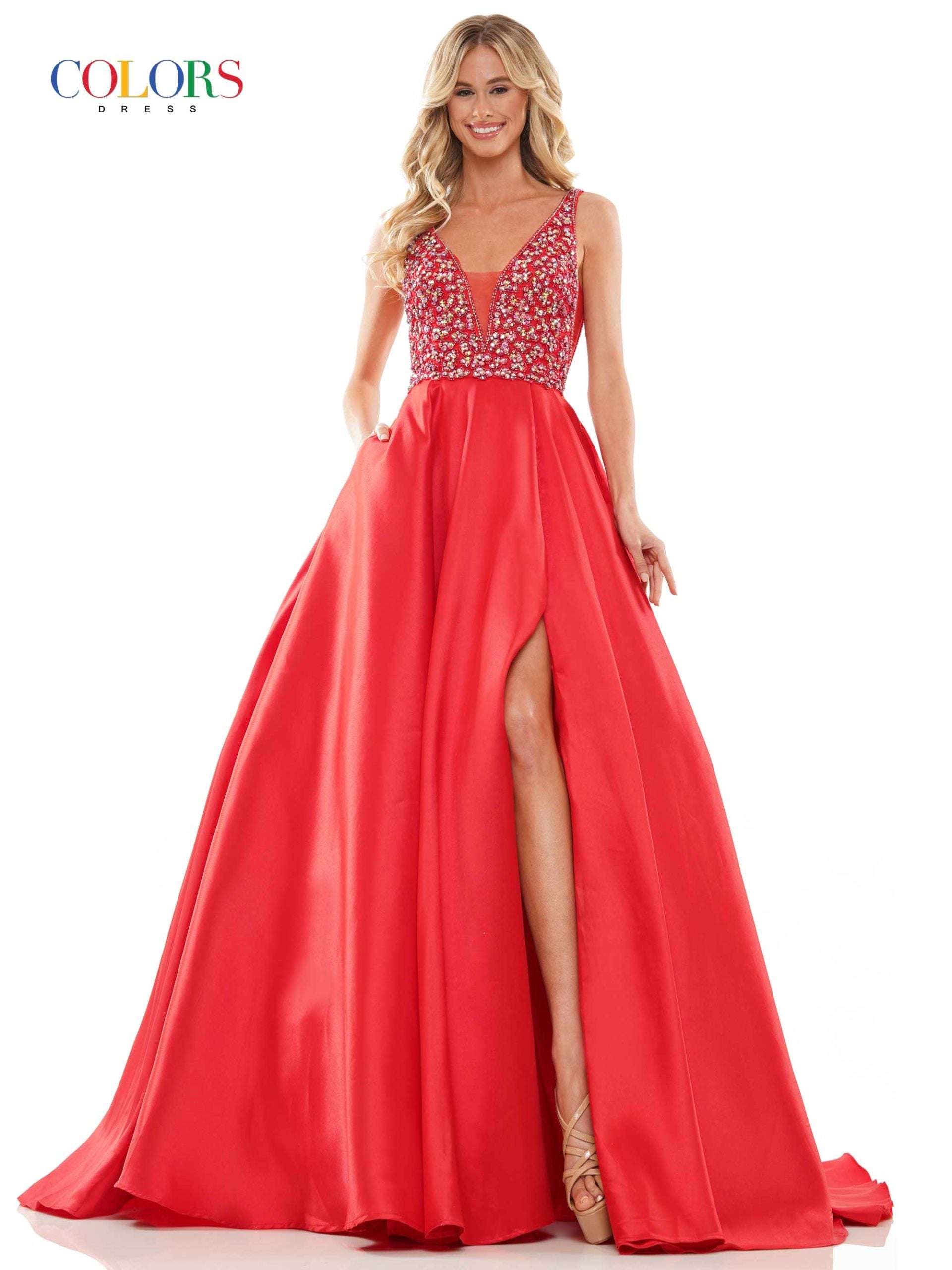 Colors 2966 Long A Line Maxi Slit Ballgown Formal Prom Dress Pageant Gown Pockets V neckline crystal embellished bodice with mesh side panels. Mikado/Beaded Mesh  Available Sizes: 2-24  Available Colors: Light Blue, Red, Royal, Deep Green