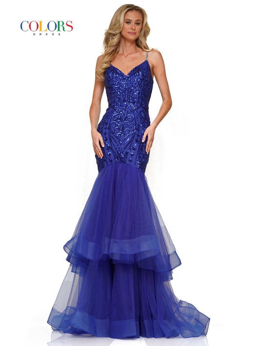 Colors Dress 2978 Fitted Sequin Mermaid Prom Dress Ruffle Layer Formal Gown Corset Back   Color: Black, Royal, Hot Pink, Turquoise Size: 0-22