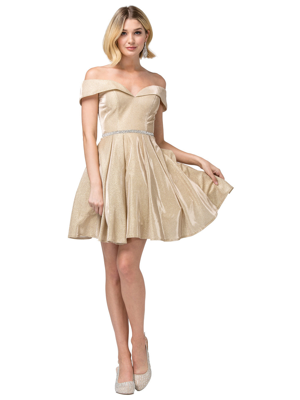 DQ 3147 is a short Shimmering Fit & Flare Short formal cocktail dress. Featuring a sweetheart neckline with full coverage off the shoulder straps. Crystal Rhinestone embellished waist belt. Pocket in flared skirt. Horse hair edged trim. great for homecoming & almost any formal event!