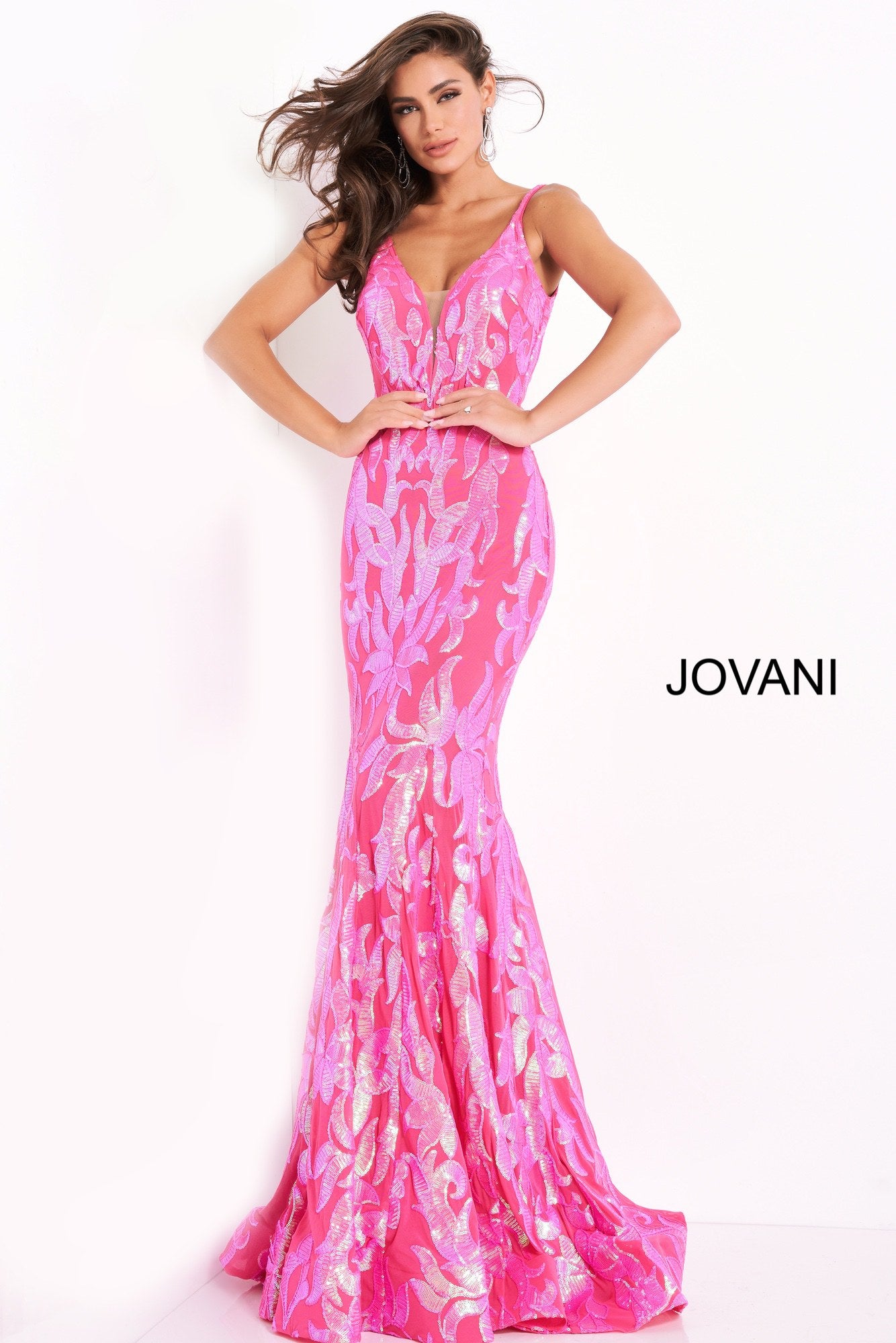 Jovani 3263 is a long Fitted Mermaid Prom Dress with a damask print sequin embellished pattern. Plunging V Neckline and open V Back. Lush Trumpet Skirt is great for the stage in this formal evening gown & Pageant Dress. Glass Slipper Formals