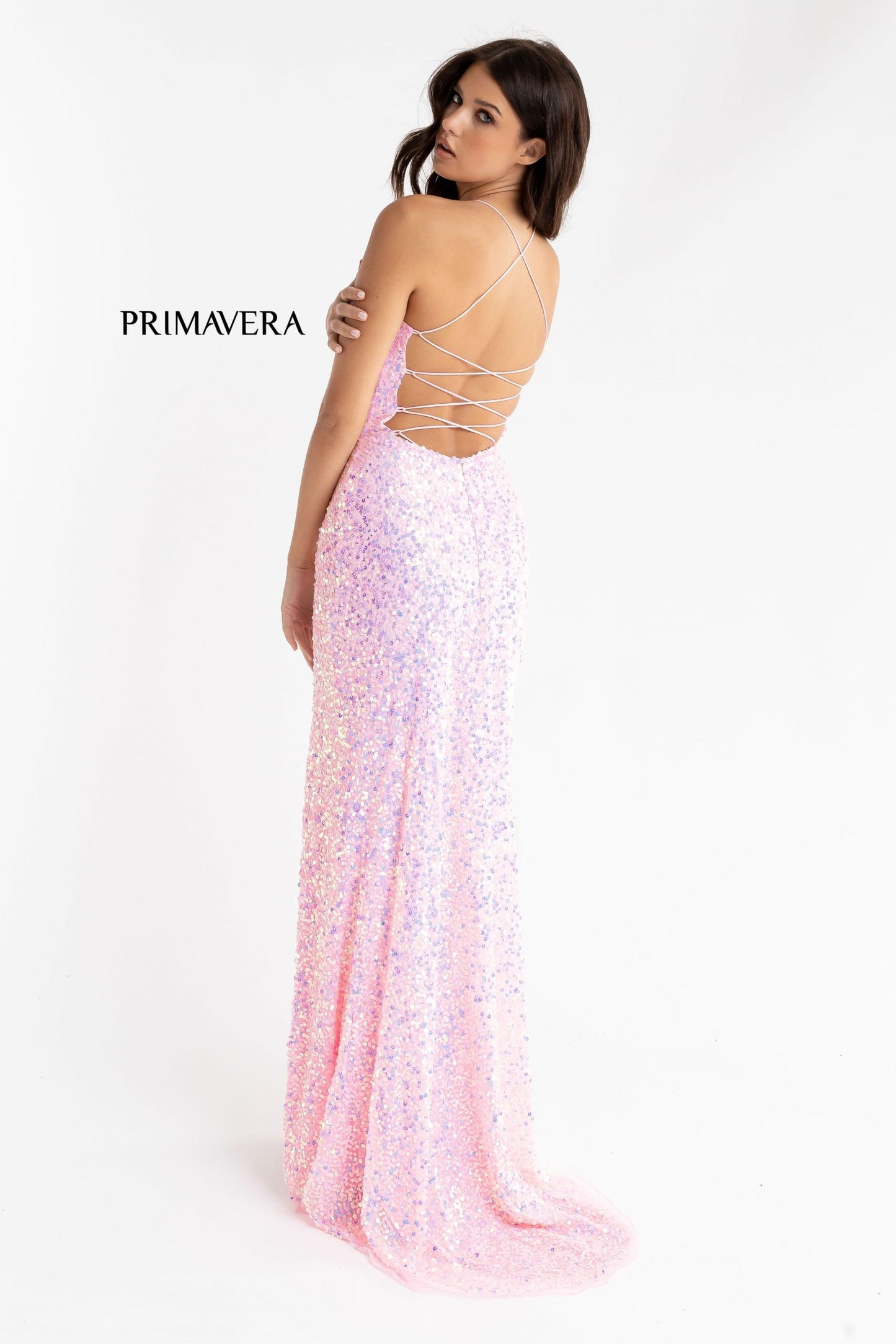 Primavera Couture 3290 Size 0 Fuchsia Prom Dress Sequins Long Fitted Tie Back Scoop Neckline