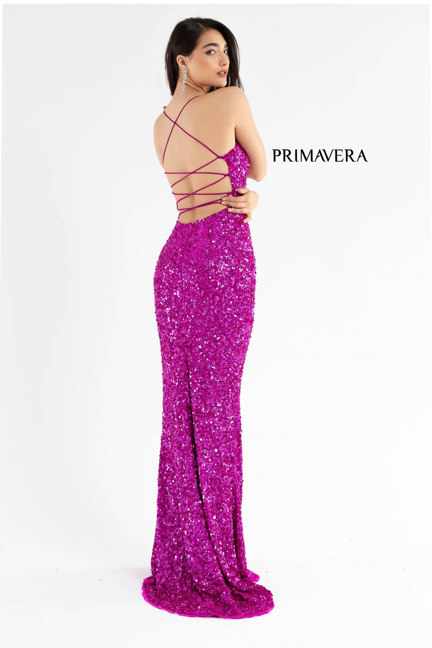 Primavera Couture 3290 Size 0 Fuchsia Prom Dress Sequins Long Fitted Tie Back Scoop Neckline