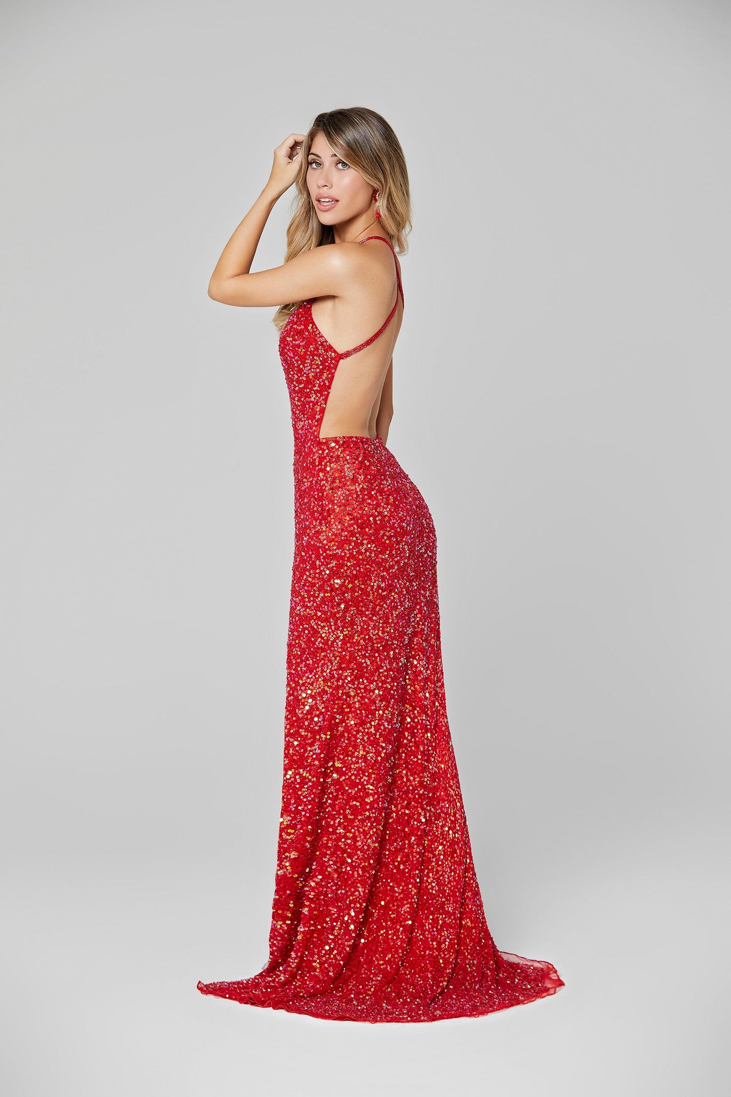 Primavera Couture 3291 Size 2 Neon Coral Prom Dress Long Fitted Backless Sequin Formal Evening Gown