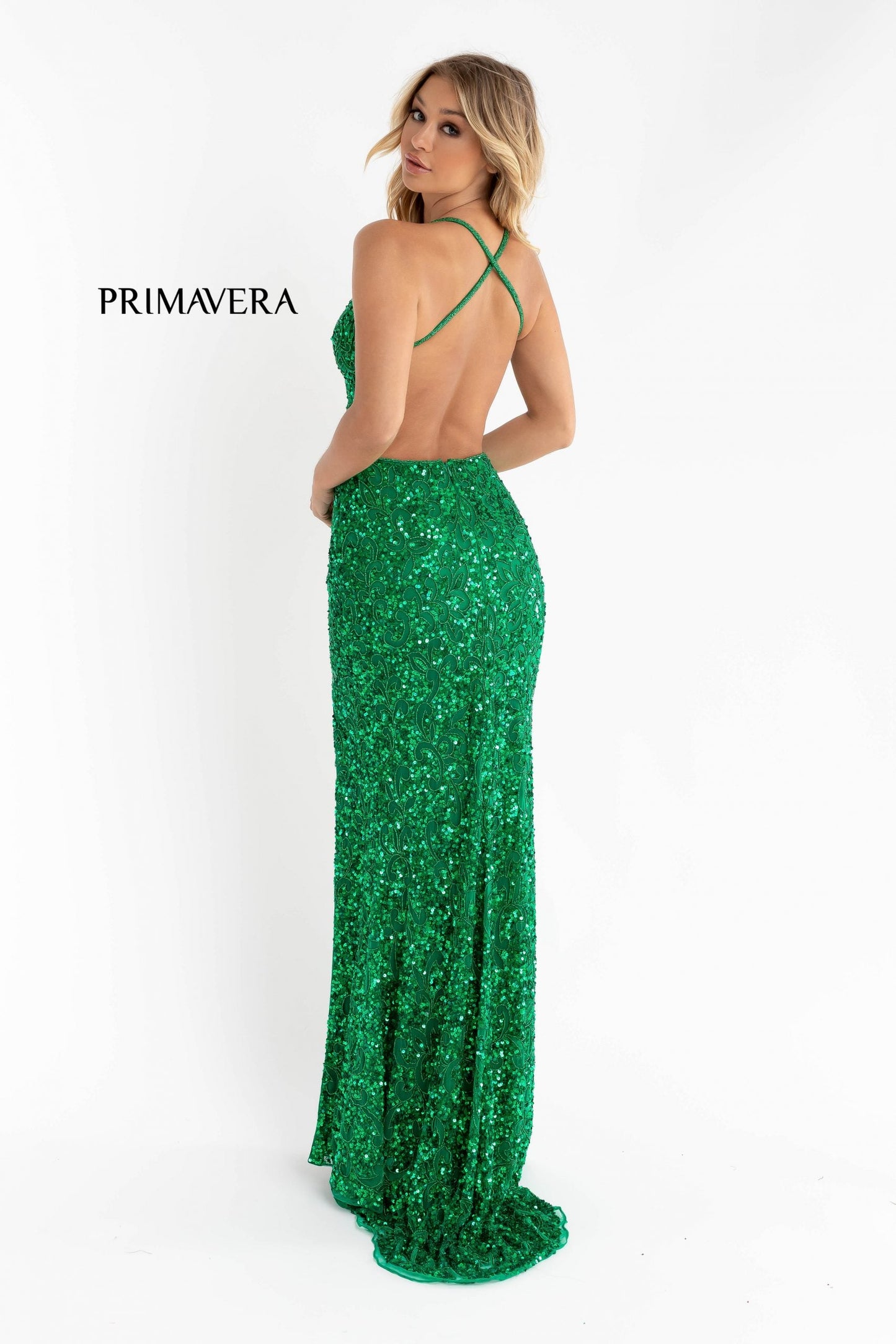 Primavera Couture 3295 Size 0, 4 Ivory Prom Dress V Neckline Sequins Backless Slit Formal Evening Gown