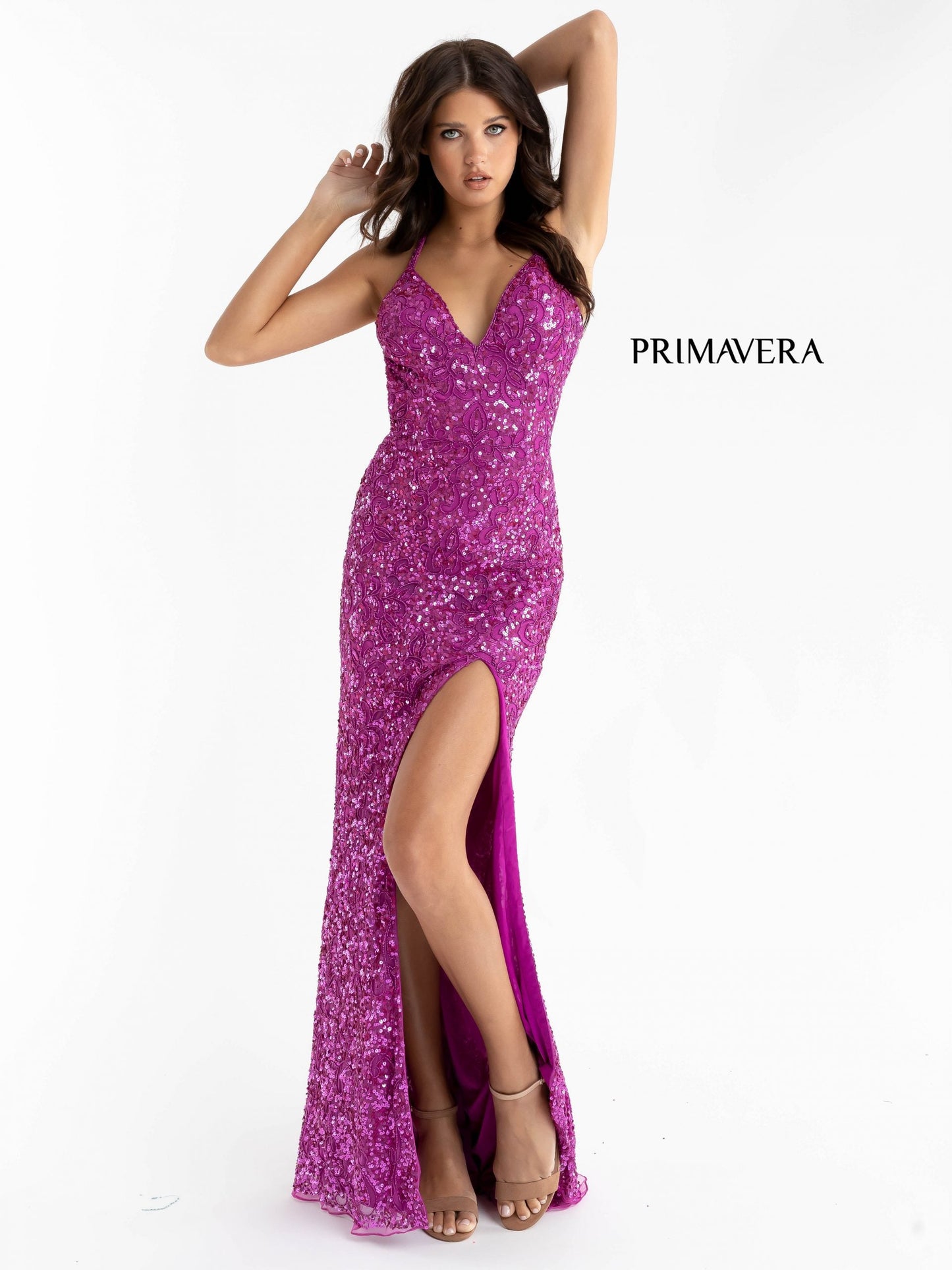 Primavera Couture 3295 Size 000 , 0  Neon Pink Prom Dress V Neckline Sequins Backless Slit Formal Evening Gown