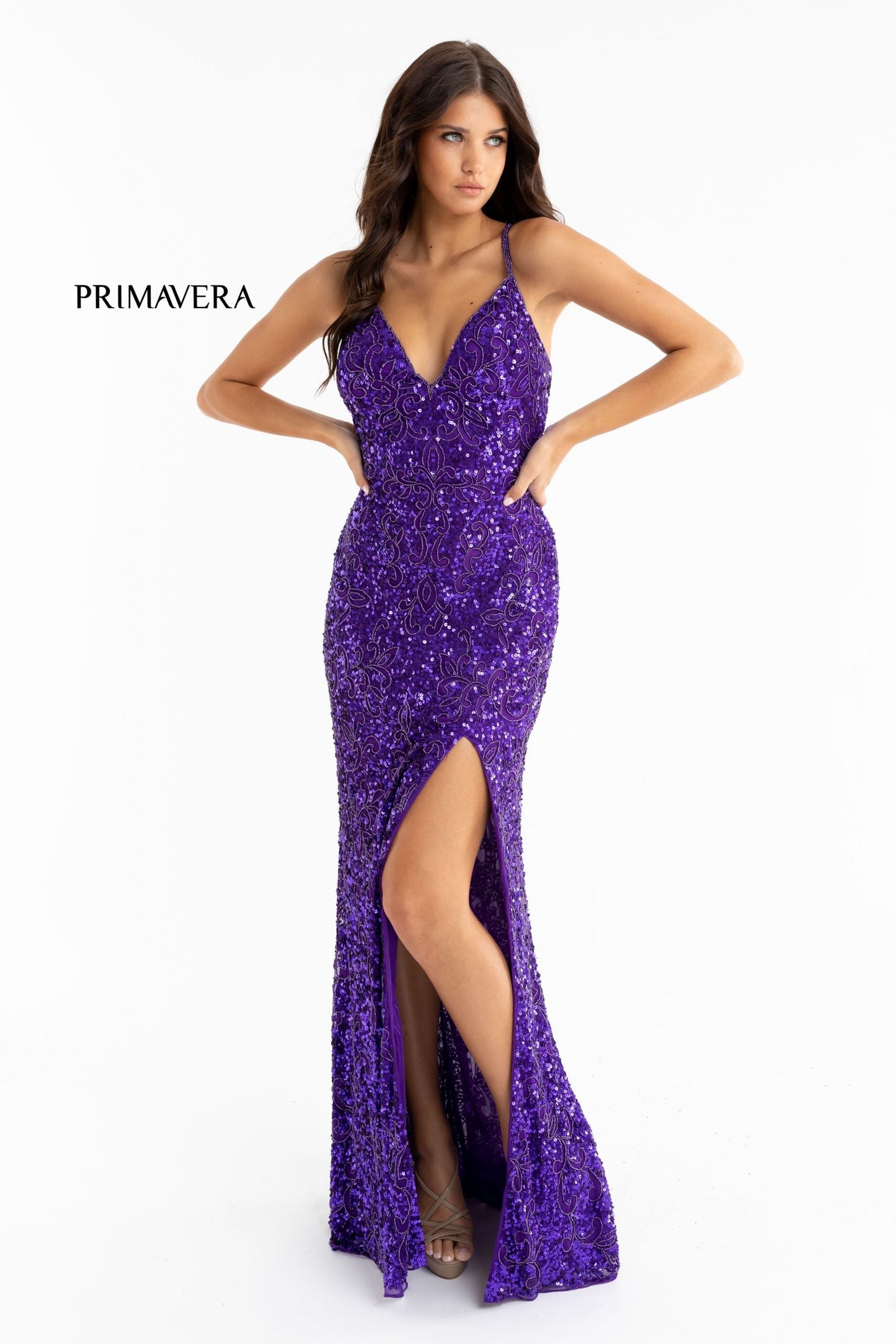 Primavera Couture 3295 Size 2 Neon Lilac Prom Dress V Neckline Sequins Backless Slit Formal Evening Gown