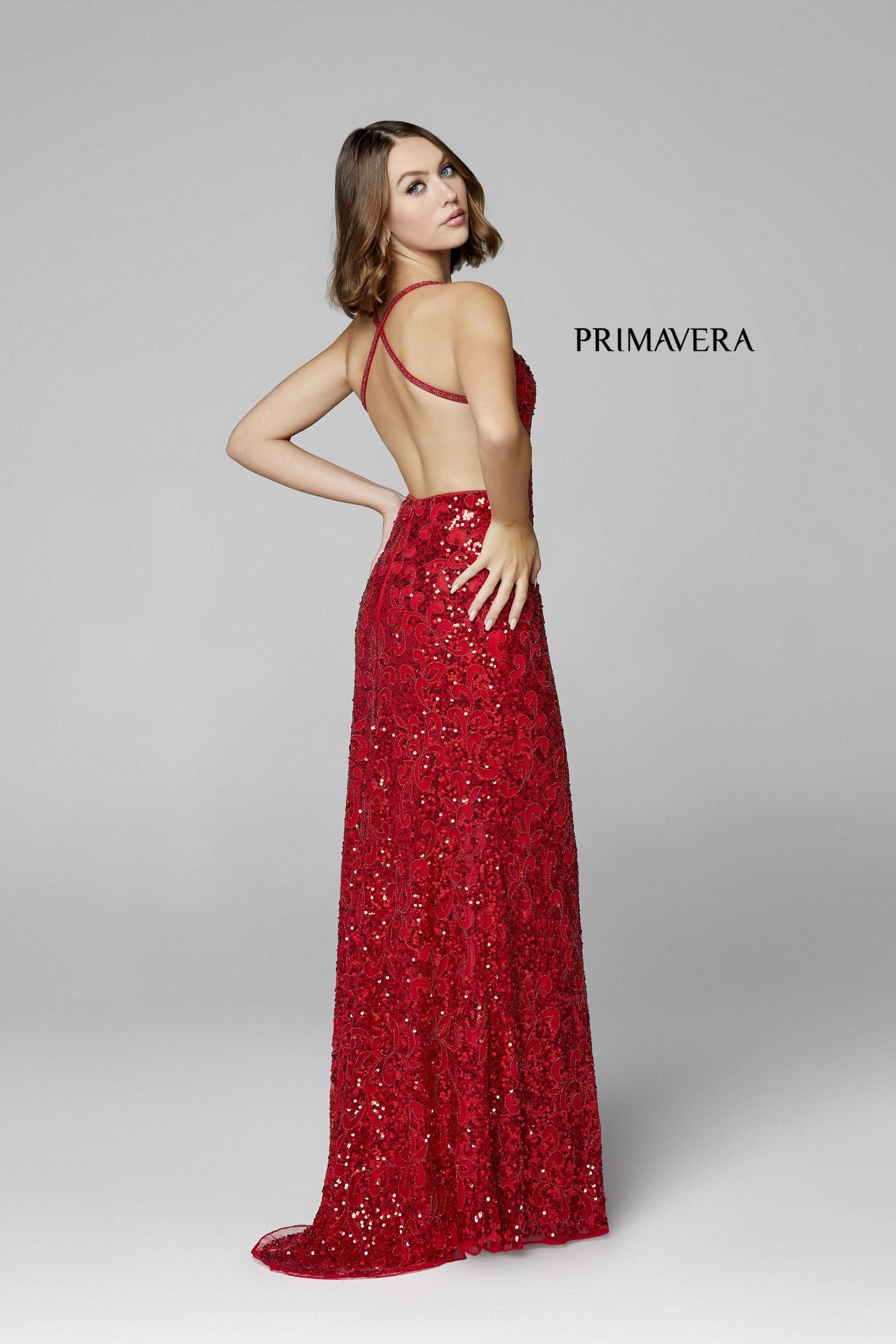 Primavera Couture 3295 Red Size 10  Prom Dress V Neckline Sequins Backless Slit Formal Evening Gown