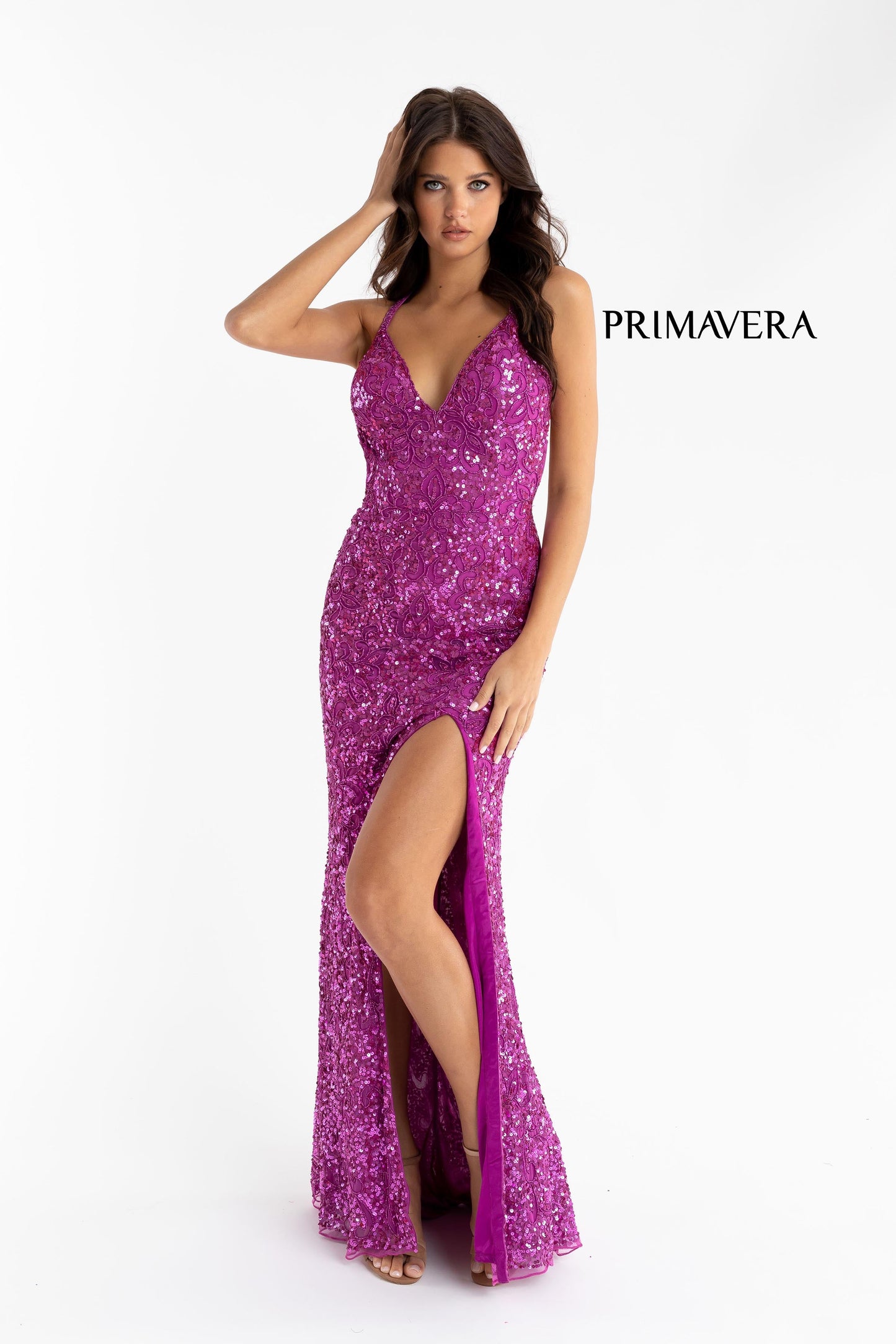 Primavera Couture 3295 Size 000 , 0  Neon Pink Prom Dress V Neckline Sequins Backless Slit Formal Evening Gown