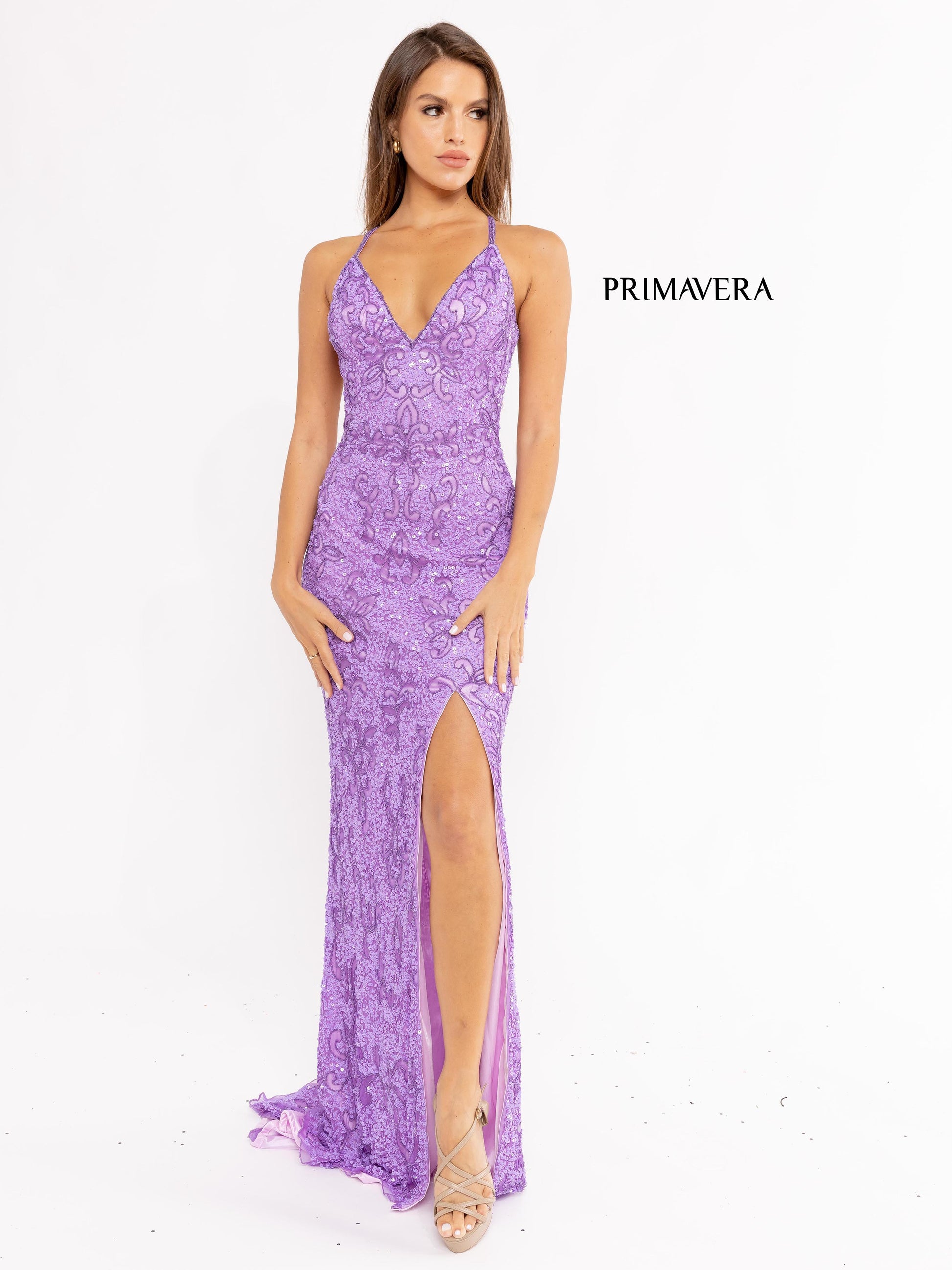 Primavera Couture 3295 Exclusive  Prom Dress, Formal Evening Gown.  This exclusive prom dress is designed with sequins throughout.  I has a V neckline with beaded spaghetti straps that crisscross in the open back.  It is long with a left side slit.  Available Colors:  FUSHIA,CREAM,EMERALD,IVORY,PEACOCK,BLACK,MIDNIGHT,NEON LILAC,NEON PINK,FORREST GREEN,PURPLE,TURQUOISE,CORAL,BLUE,RED,LIGHT BLUE,NEON SAGE