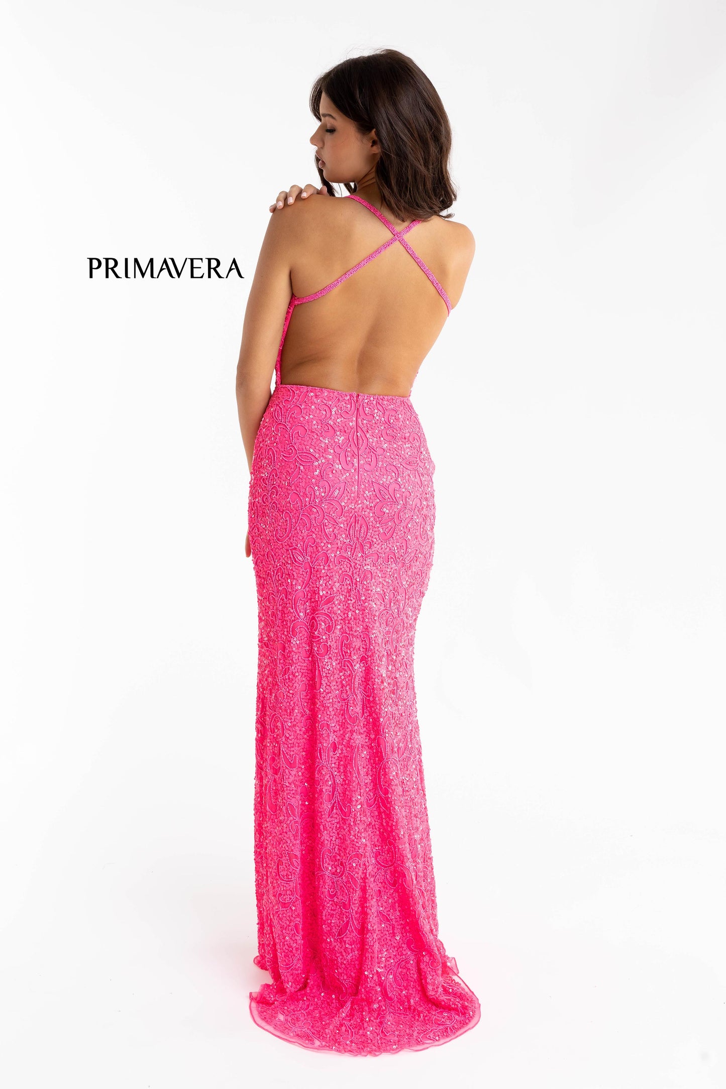 Primavera Couture 3295 Exclusive  Prom Dress, Formal Evening Gown.  This exclusive prom dress is designed with sequins throughout.  I has a V neckline with beaded spaghetti straps that crisscross in the open back.  It is long with a left side slit.  Available Colors:  FUSHIA,CREAM,EMERALD,IVORY,PEACOCK,BLACK,MIDNIGHT,NEON LILAC,NEON PINK,FORREST GREEN,PURPLE,TURQUOISE,CORAL,BLUE,RED,LIGHT BLUE,NEON SAGE