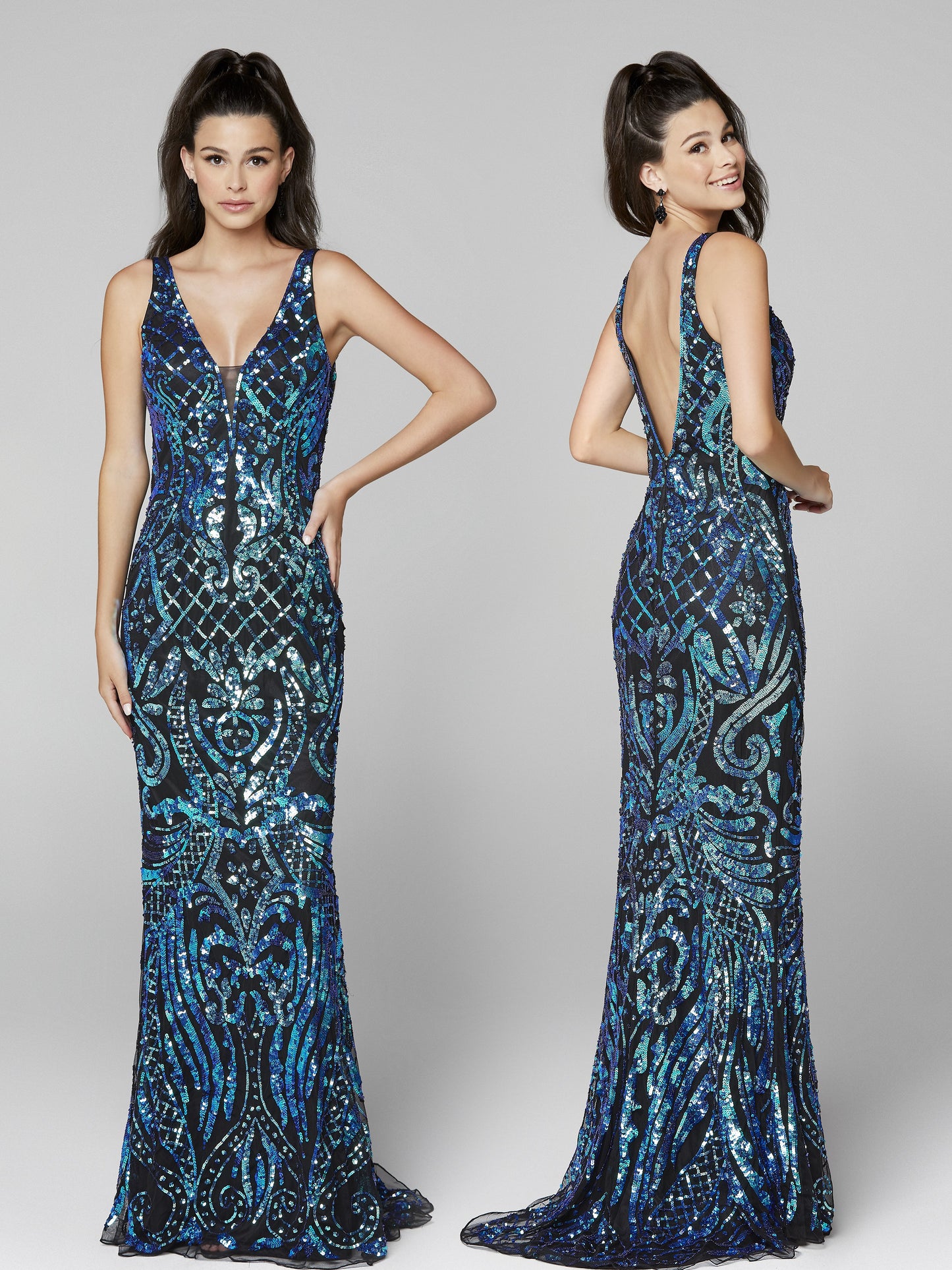 Primavera Couture 3612 is a long Fitted Sequin Embellished Formal Evening Gown. Featuring a Plunging Deep V Neckline. Elegant Sequin Embellishments scroll down throughout the length of this fit & Flare Prom Dress.  Available Sizes: 00,0,2,4,6,8,10,12,14,16,18  Available Colors: Black/Blue, Black/Multi, Ivory, Yellow