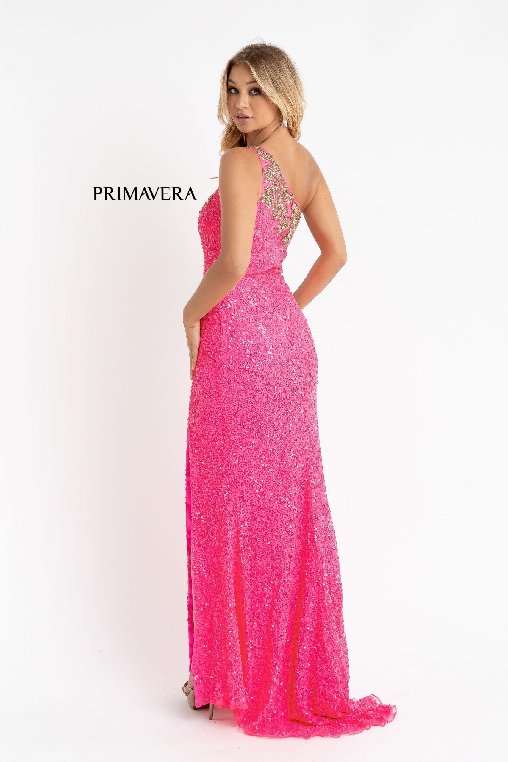 Primavera Couture 3637 is a stunning Long Fitted Sequin Embellished Formal Evening Gown. This One Shoulder Prom Dress Features Beaded Embellishments cascading from the one shoulder neckline down the side of the gown along the hip. Slit in skirt with a sweeping train. Great Pageant Formal Style.