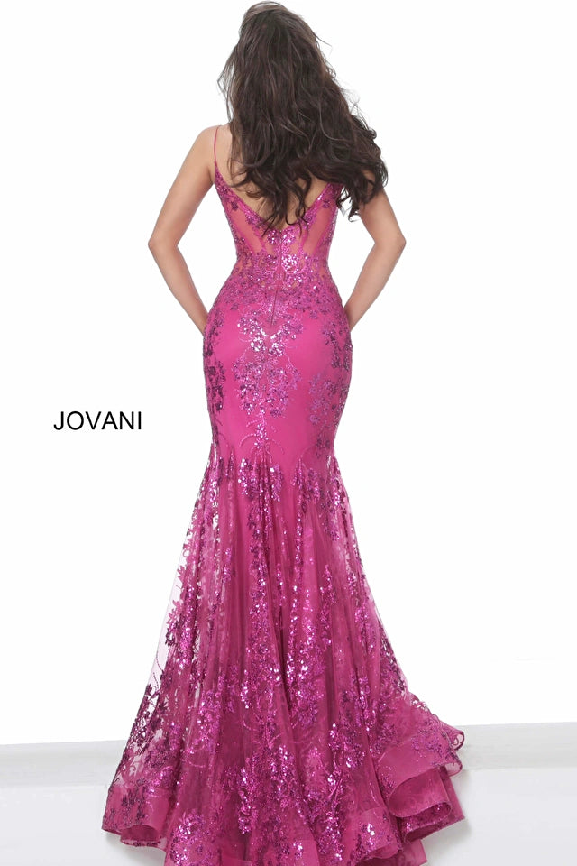 Jovani 3675 Prom Dress. Shine like a Diamond in Jovani 3675! This Gown Features an Embellished Sheer Corset Style Bodice with a Deep V Neckline. Mermaid Silhouette with a Glitter & Crystal Overlay on Tulle. 