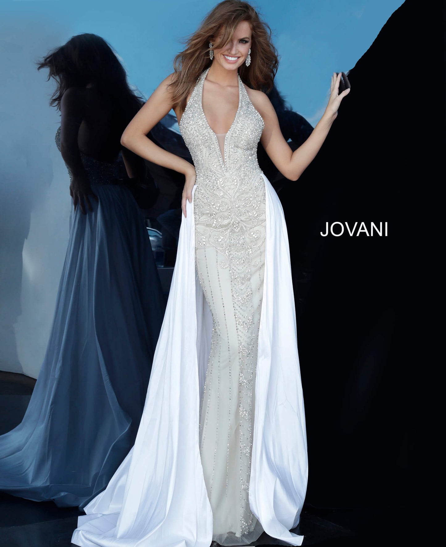 Jovani Couture 3698 Long Crystal Beaded Pageant Dress Wedding Gown Overskirt Plunging Neckline Glass Slipper Formals Over Skirt