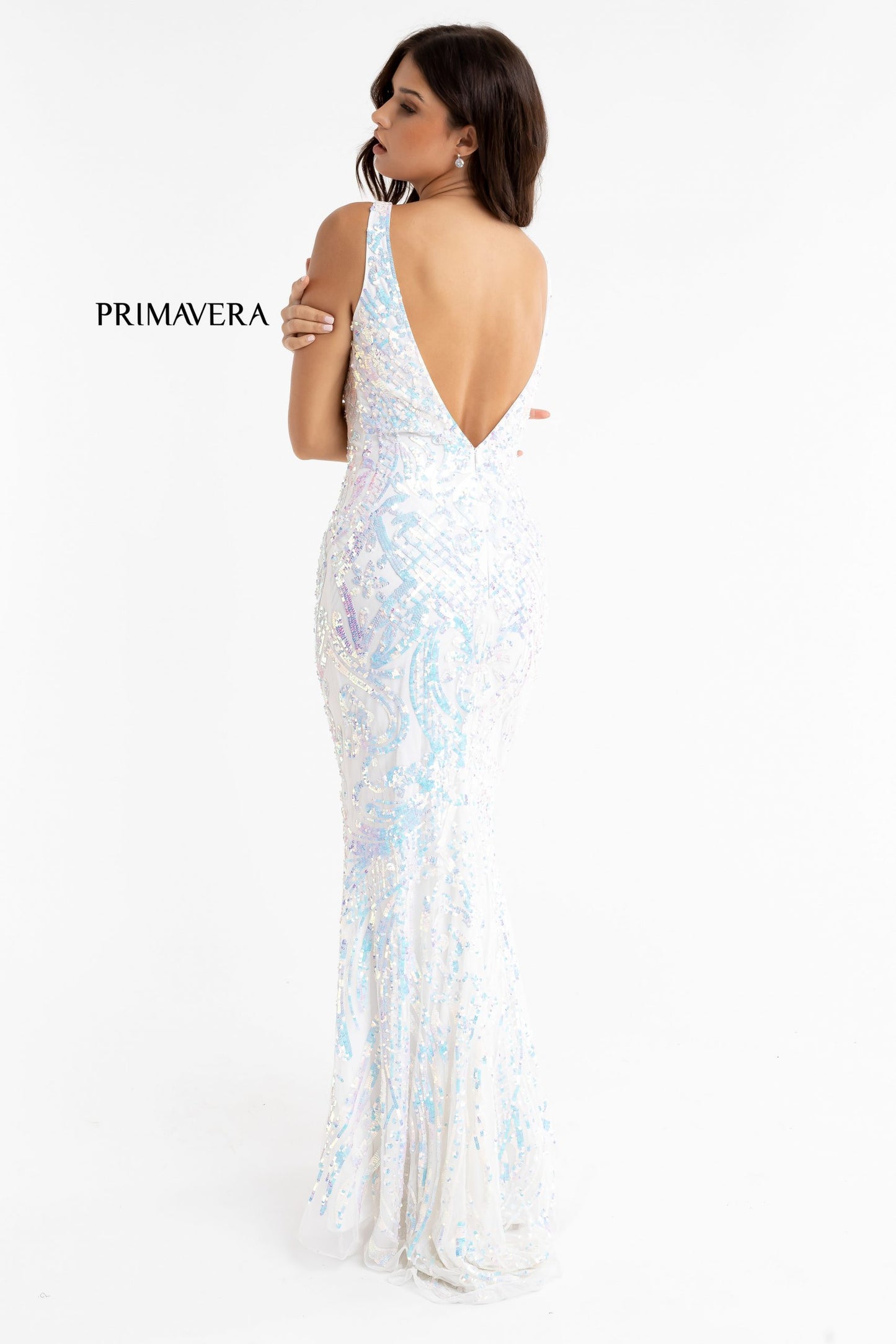 Primavera Couture 3722 Size 14 Iridescent Prom Dress V Neckline V Back Long Sequins Evening Gown