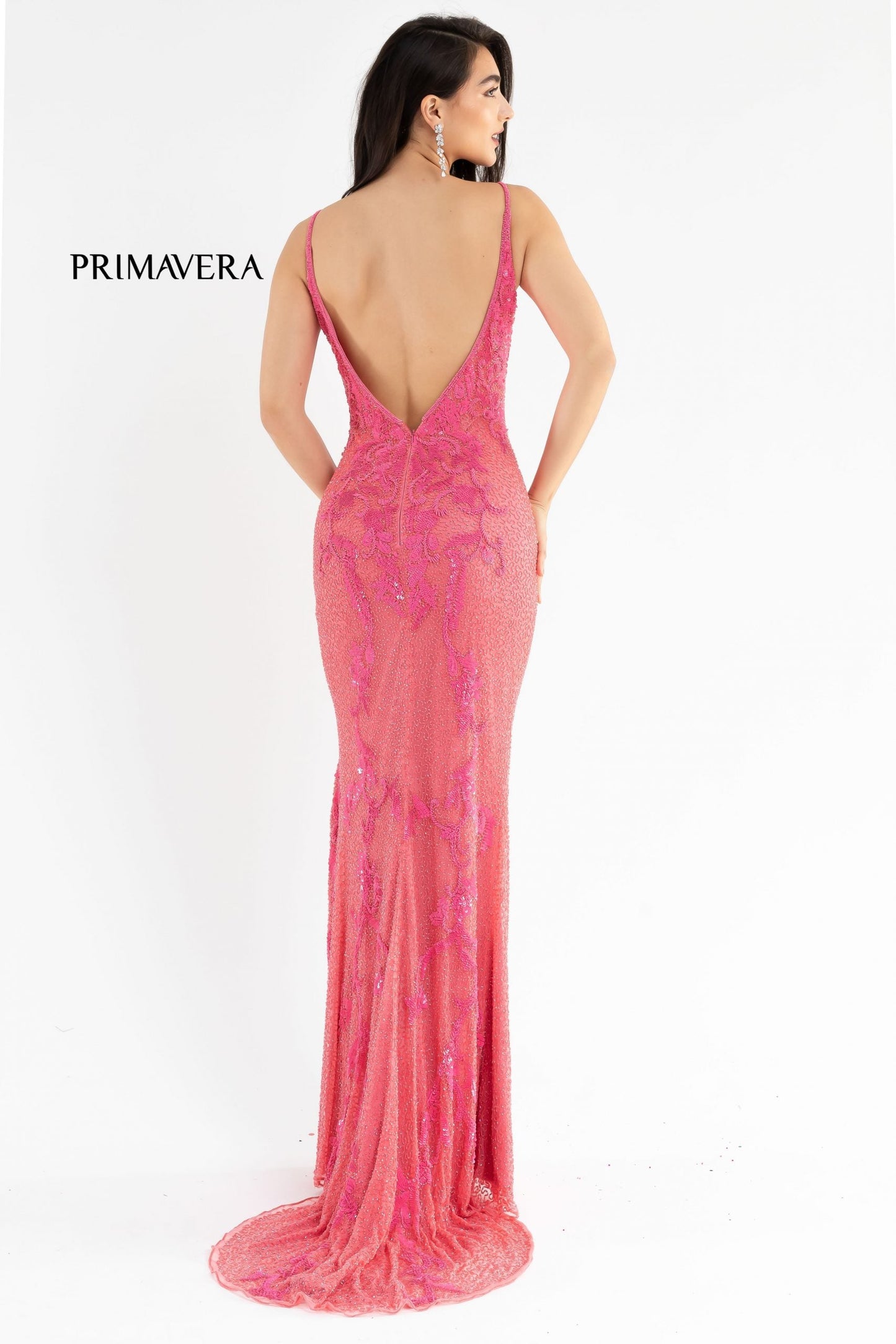 Primavera Couture 3727 Size 22 Prom Dress Beaded Floral Details V Neckline Backless Slit