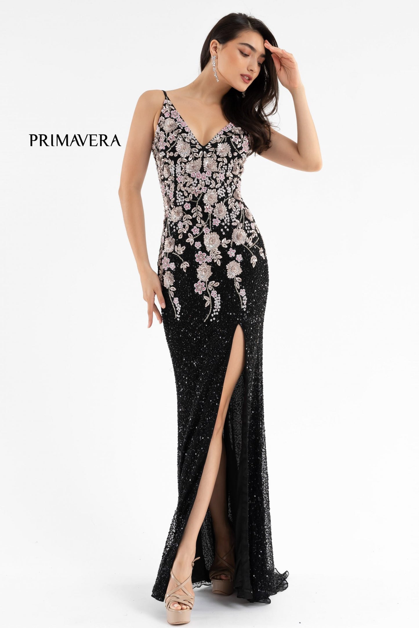 Primavera Couture 3730 Size 4 Prom Dress Flower Bodice Sequins V Neckline Slit Mid Back