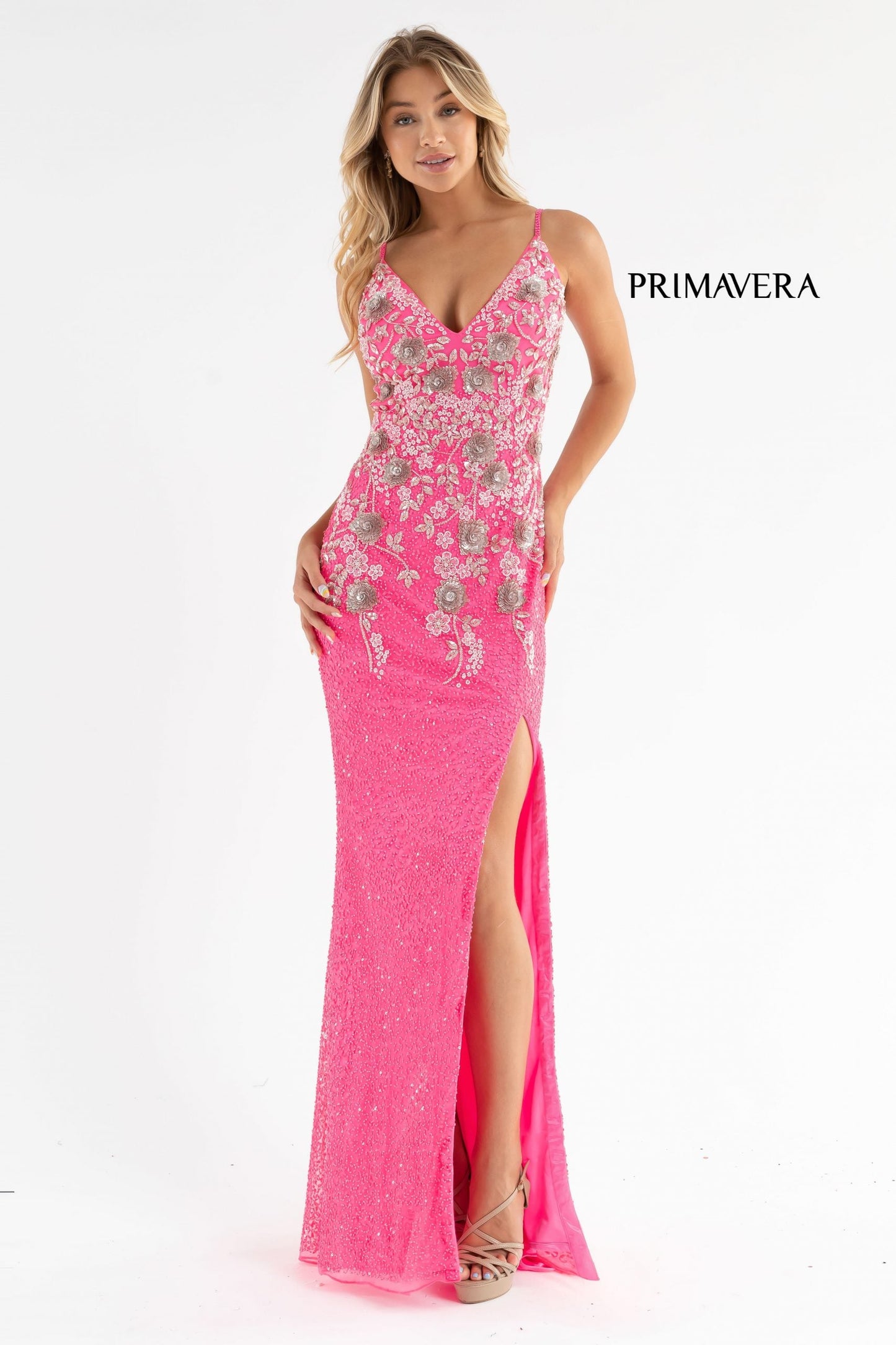 Primavera Couture 3730 Size 4 Prom Dress Flower Bodice Sequins V Neckline Slit Mid Back