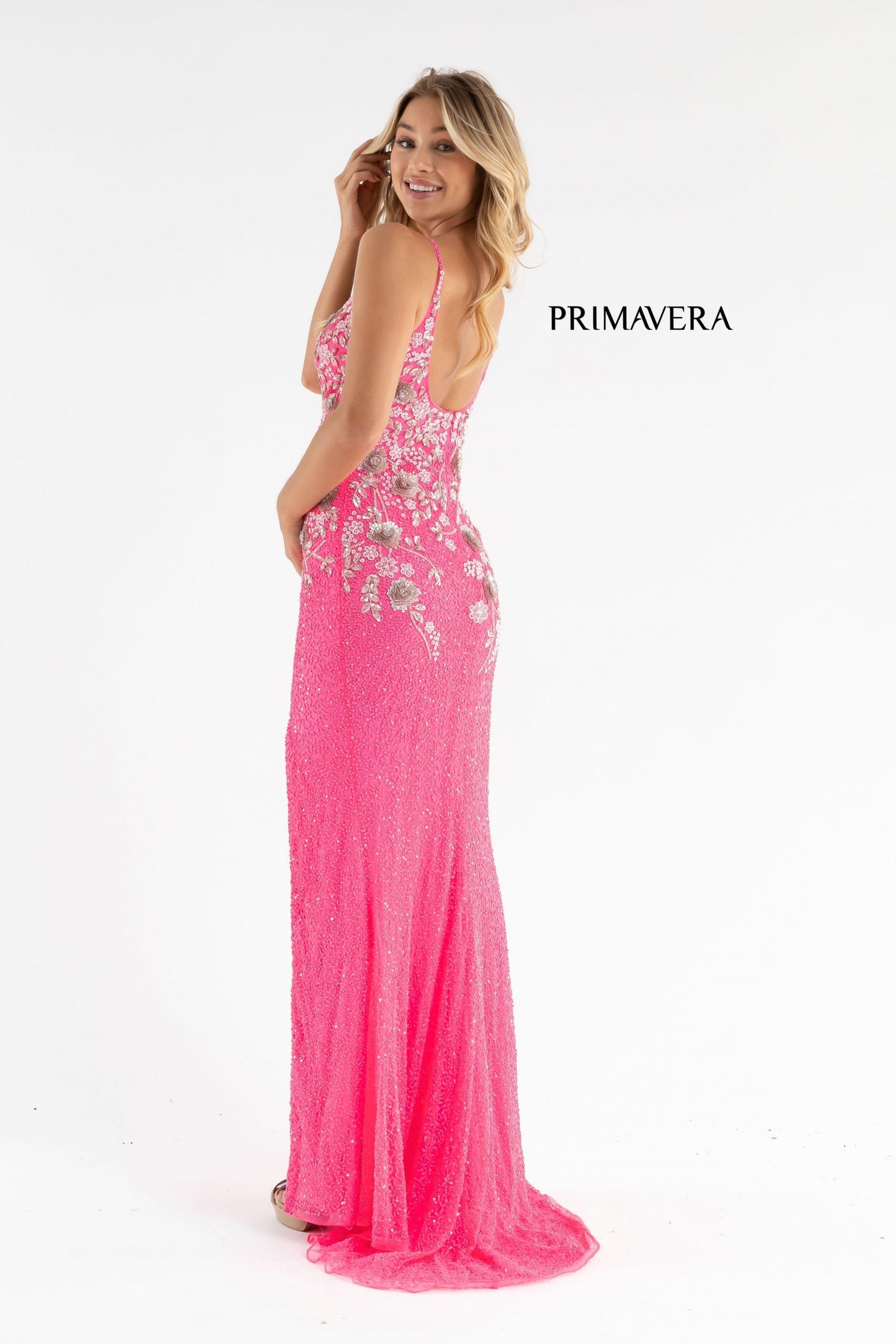 Primavera Couture 3730 Size 4 Prom Dress Flower Bodice Sequins V Neckline Slit Mid Back