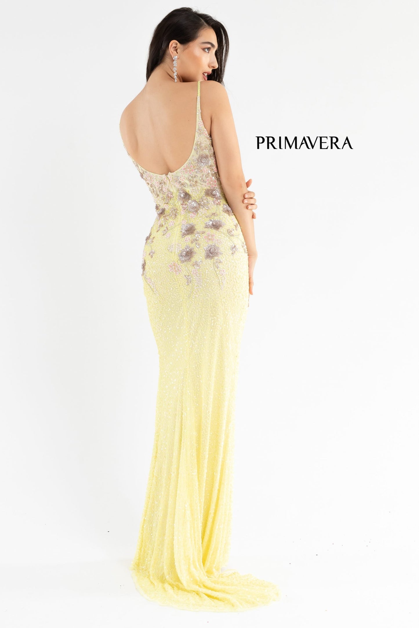 Primavera Couture 3730 Size 4 Prom Dress Flower Bodice Sequins V Neckline Slit Mid Back