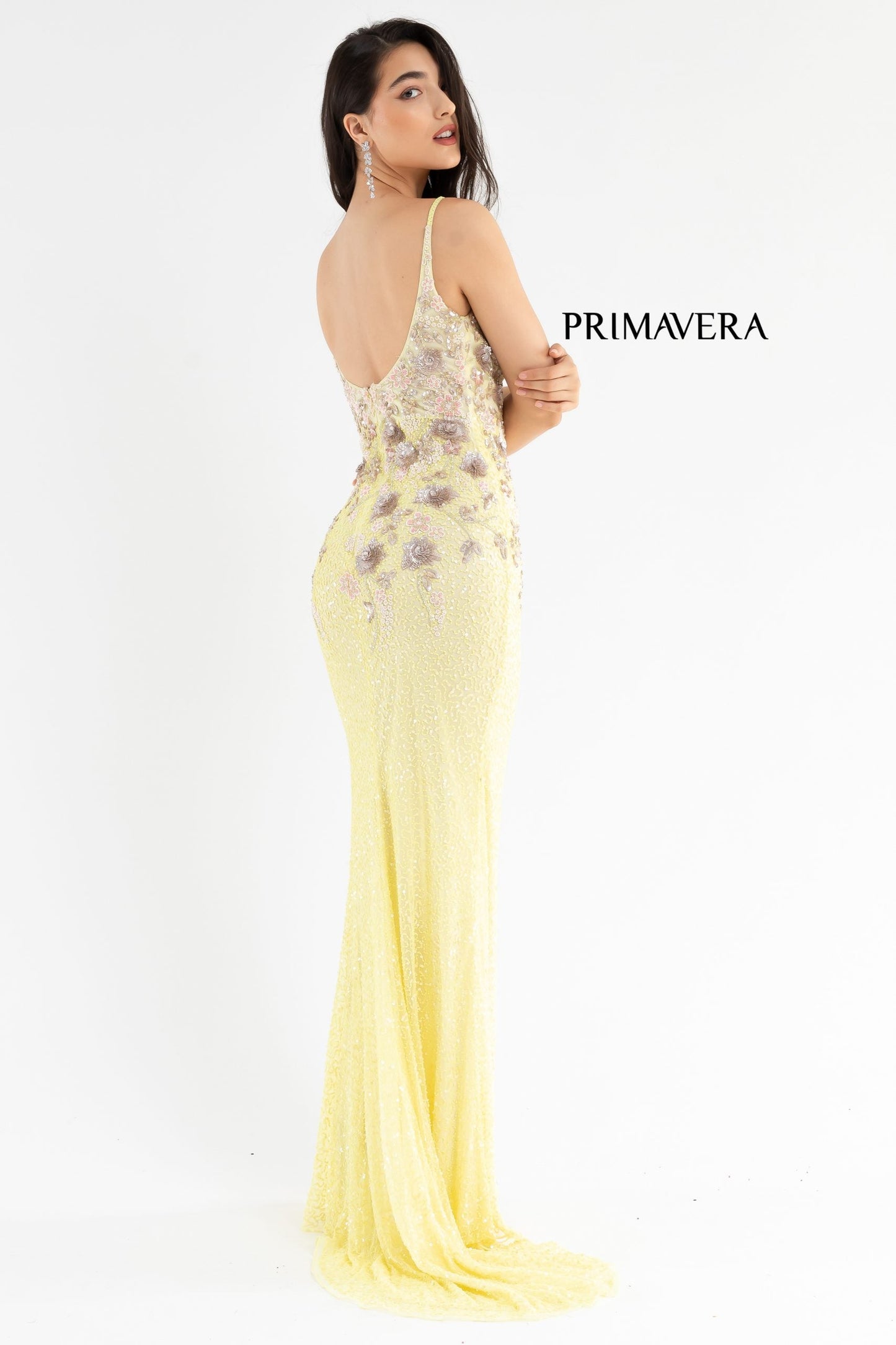 Primavera Couture 3730 Size 4 Prom Dress Flower Bodice Sequins V Neckline Slit Mid Back